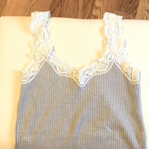 Jcrew grey ribbed tank w ivory lace neckline and straps. Size small, like new!